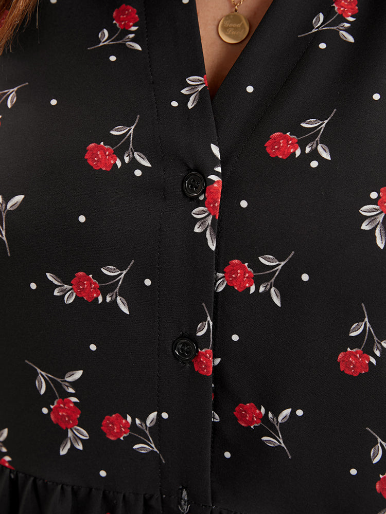 Floral Print Button Up High Low Hem Blouse-Sweetccc