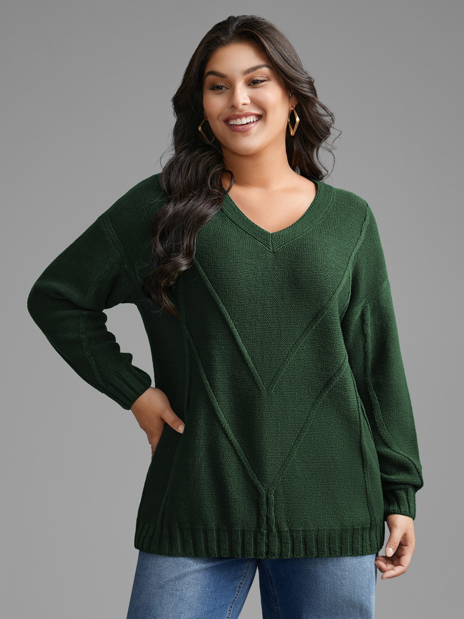 V Neck Cable Knit Texture Pullover-Sweetccc
