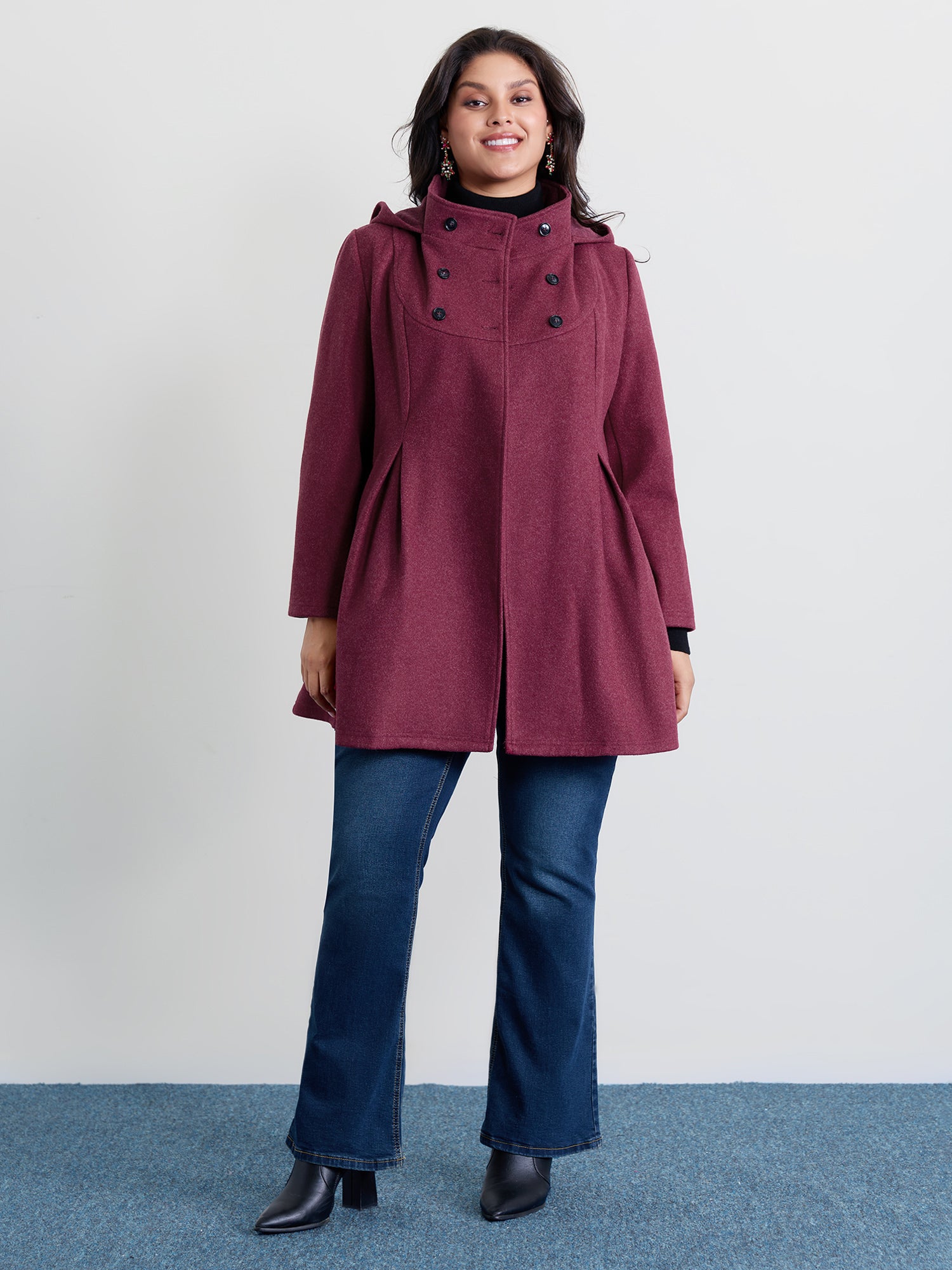 Hooded Pleated Pockets Waist-Defining Coat-Sweetccc