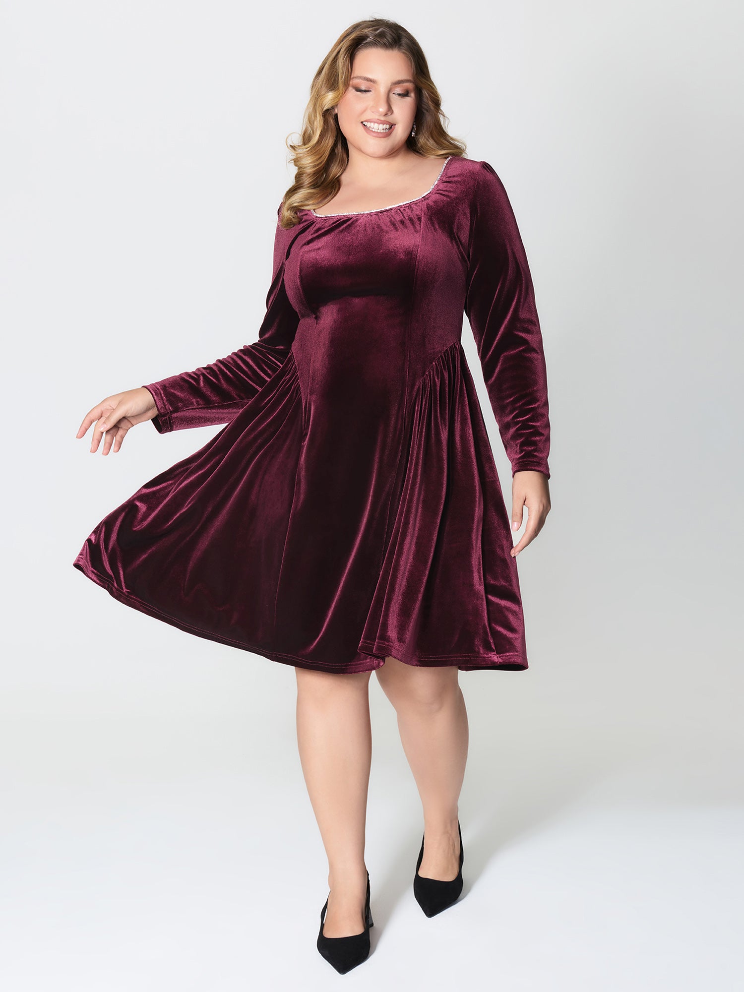 Velvet Structured Pleated Bodice Midi Dress-Sweetccc
