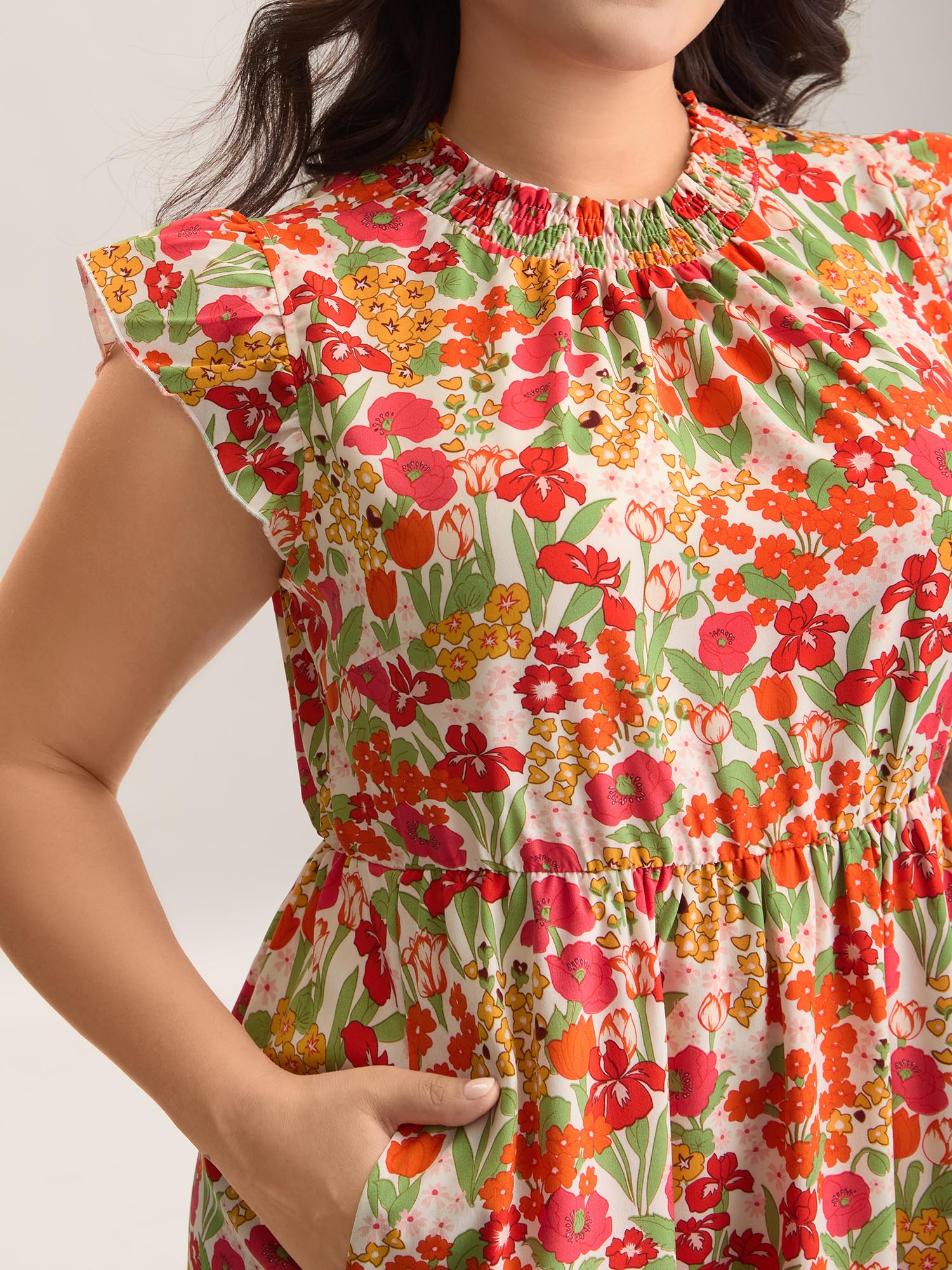 Floral Print Shirred Pockets Midi Dress-Sweetccc