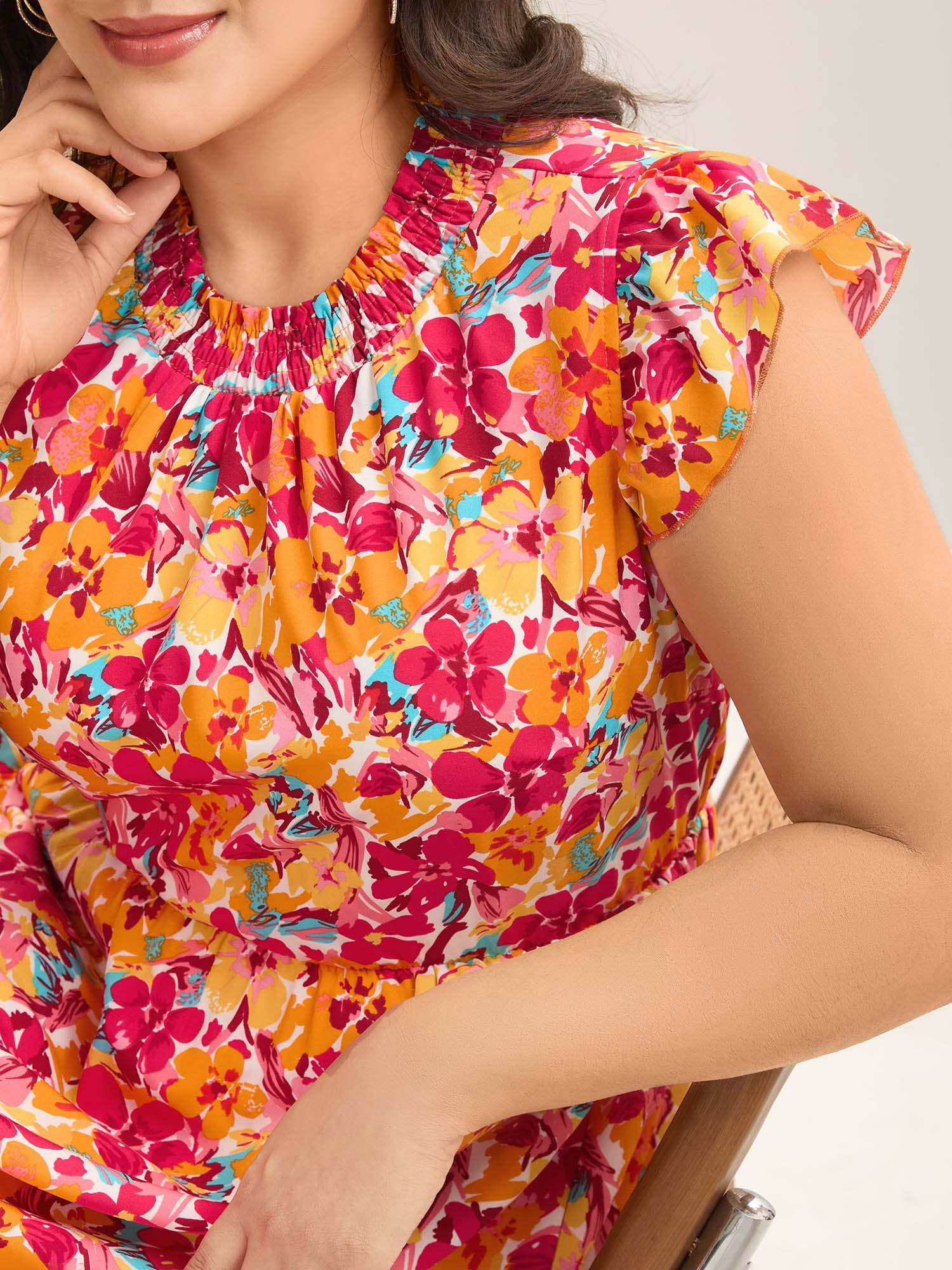 Floral Print Shirred Pockets Midi Dress-Sweetccc