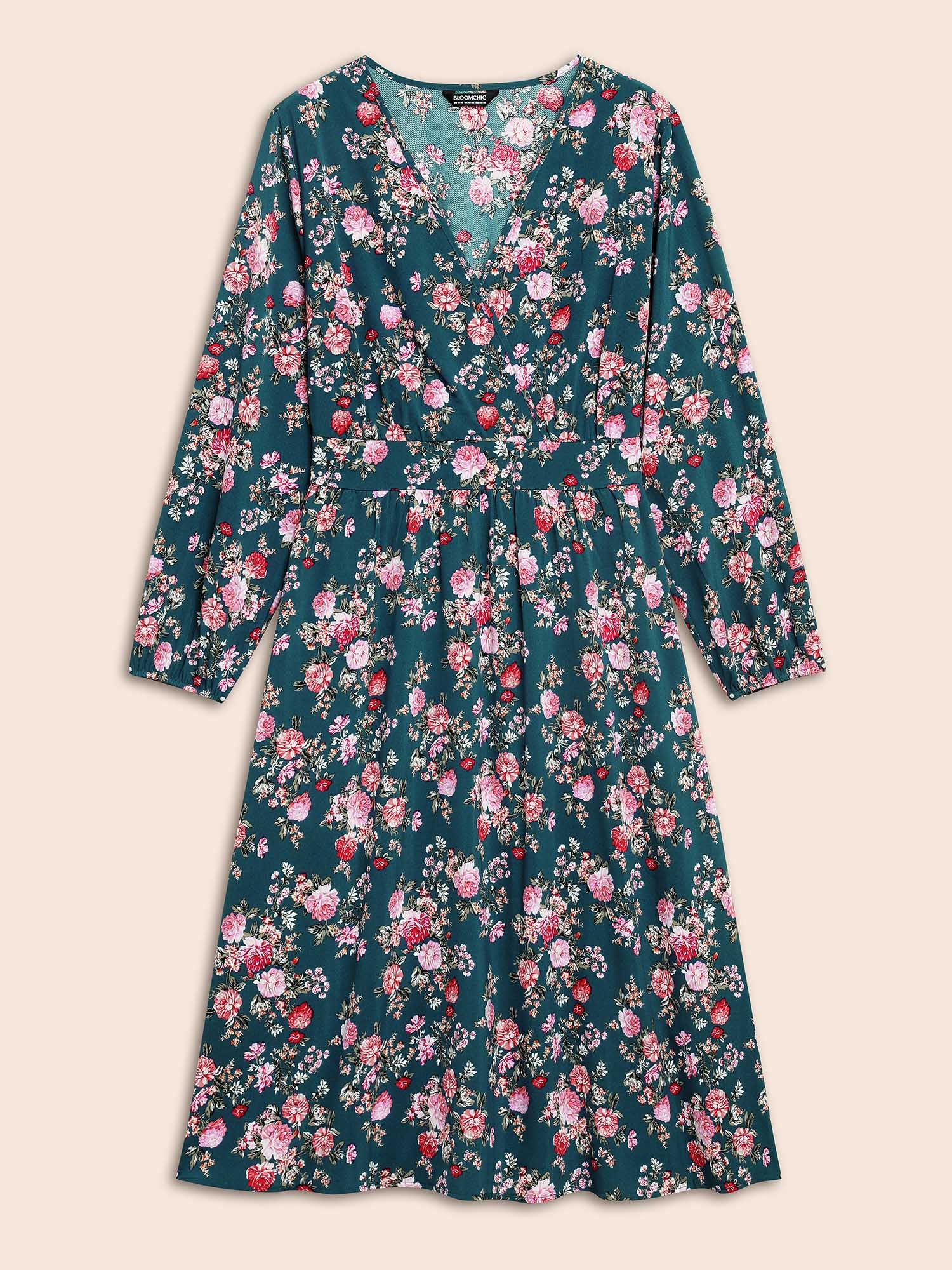 Floral Overlap Collar Gathered Dress-Sweetccc