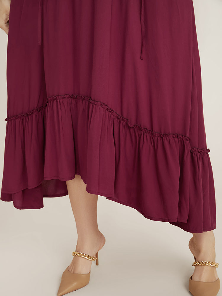 Solid Pocket Button Detail Tie Neck Shirred Ruffles Dress-Sweetccc