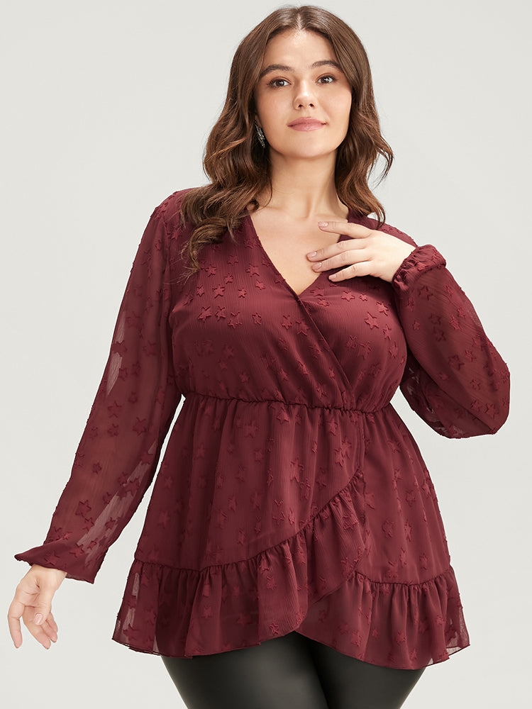 Star Mesh Lantern Sleeve Surplice Neck Ruffle Hem Blouse-Sweetccc