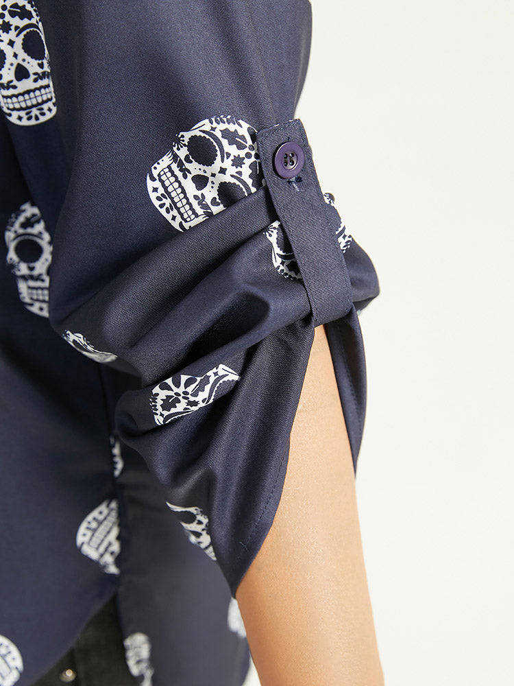 Halloween Skull Print Notched Tab Sleeve Blouse-Sweetccc