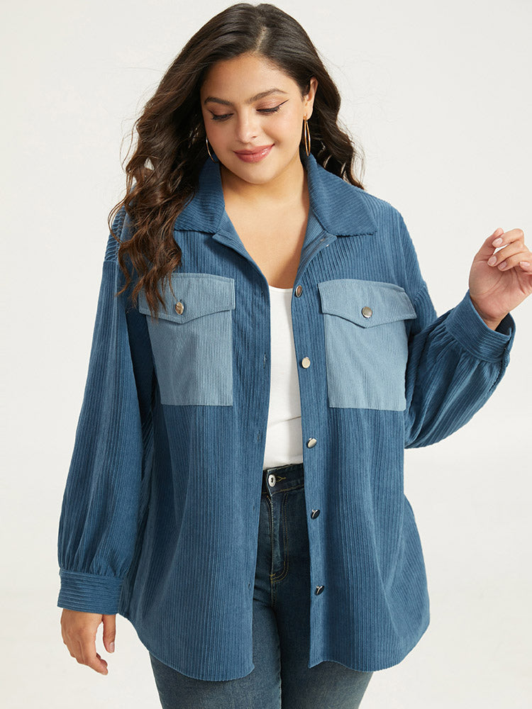 Two Tone Flap Pocket Button Up Corduroy Coat-Sweetccc