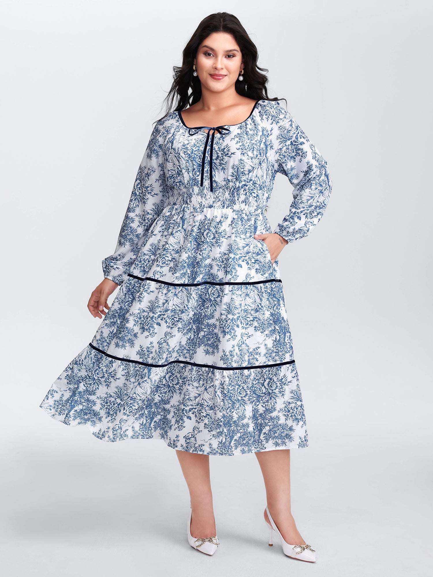 Toile de Jouy Neck-Tie Midi Dress-Sweetccc