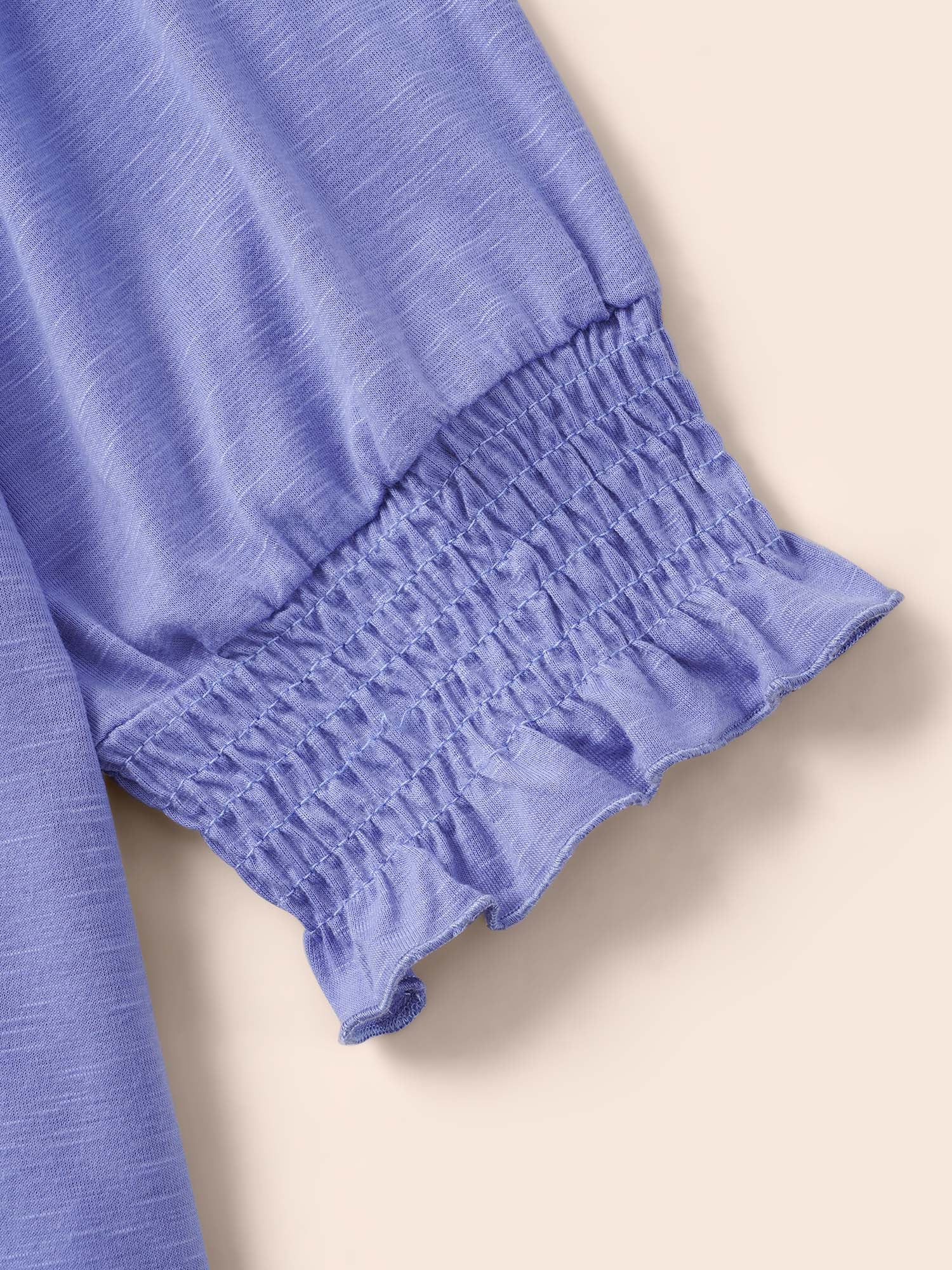 Solid V Neck Shirred Lantern Sleeve T-shirt-Sweetccc