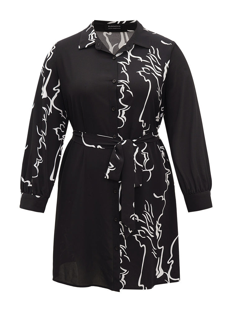 Graphic Shirt Collar Pocket Button Through Belted Dress-Sweetccc