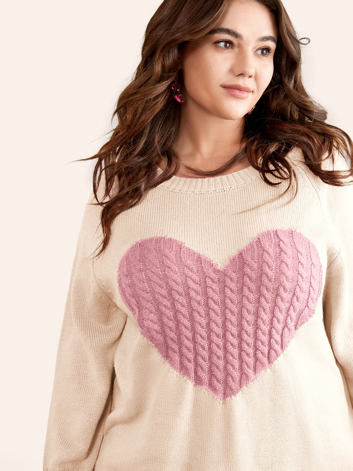 Heart Cable Knit Two Tone Raglan Sleeve Pullover-Sweetccc