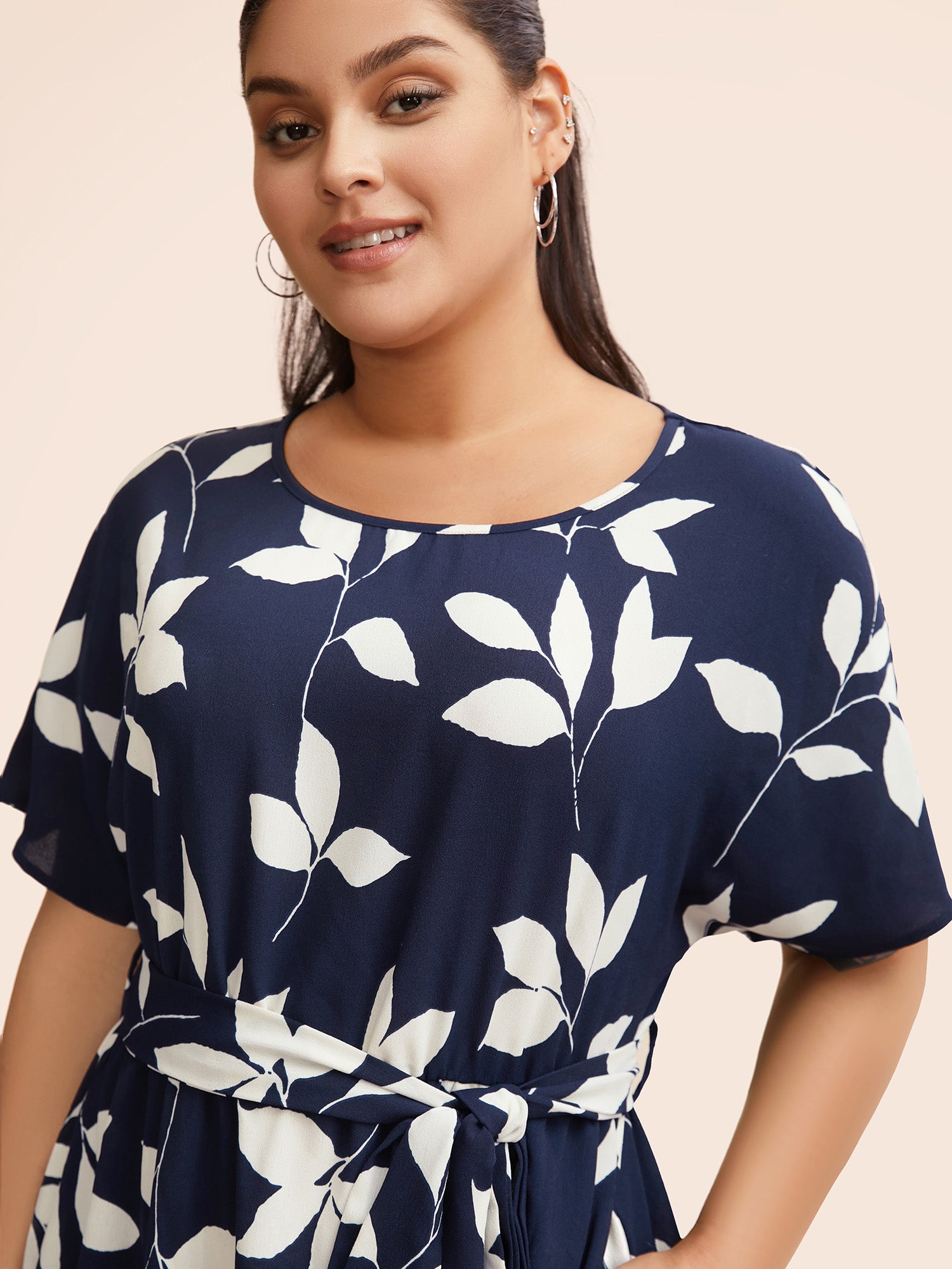 Leaf Print Pocket Belted Dress-Sweetccc