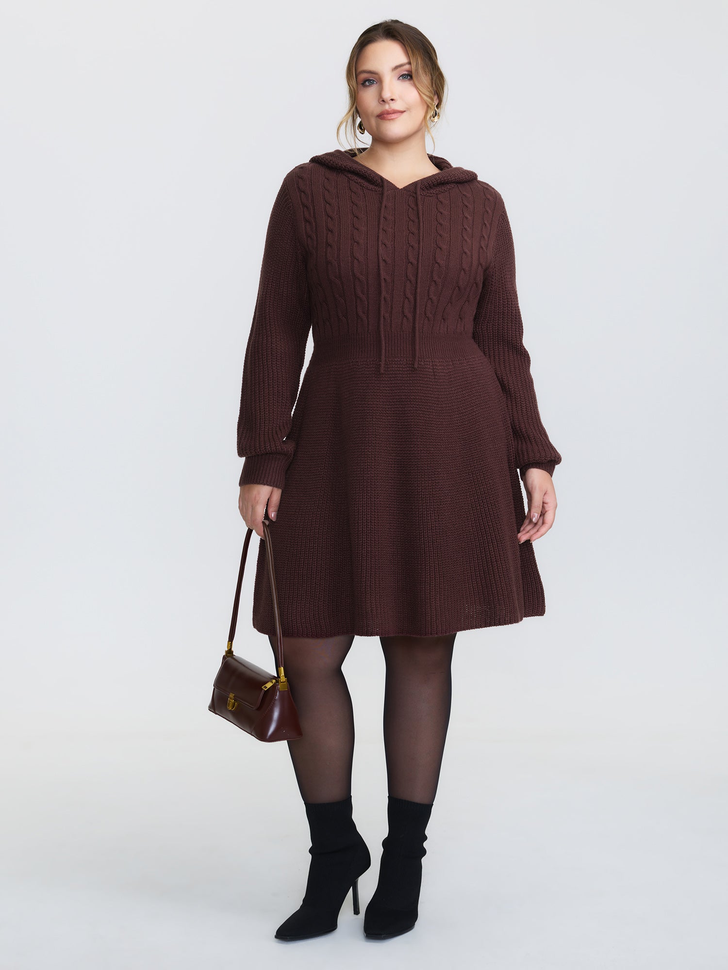 Textured Hooded Cinched-Waist Sweater Dress-Sweetccc