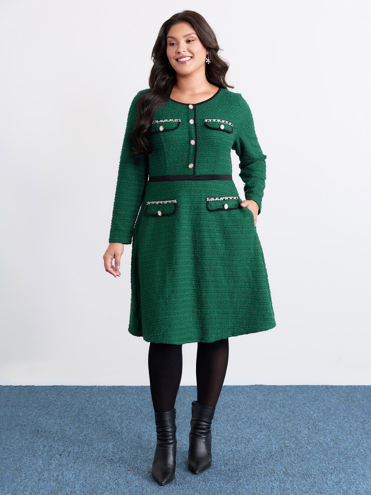 Tweed Stretchy Waist Color Contrast Midi Dress-Sweetccc