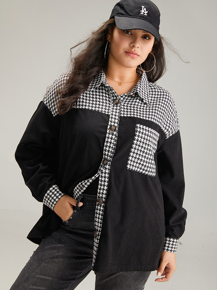 Houndstooth Patchwork Pocket Button Through Corduroy Coat-Sweetccc