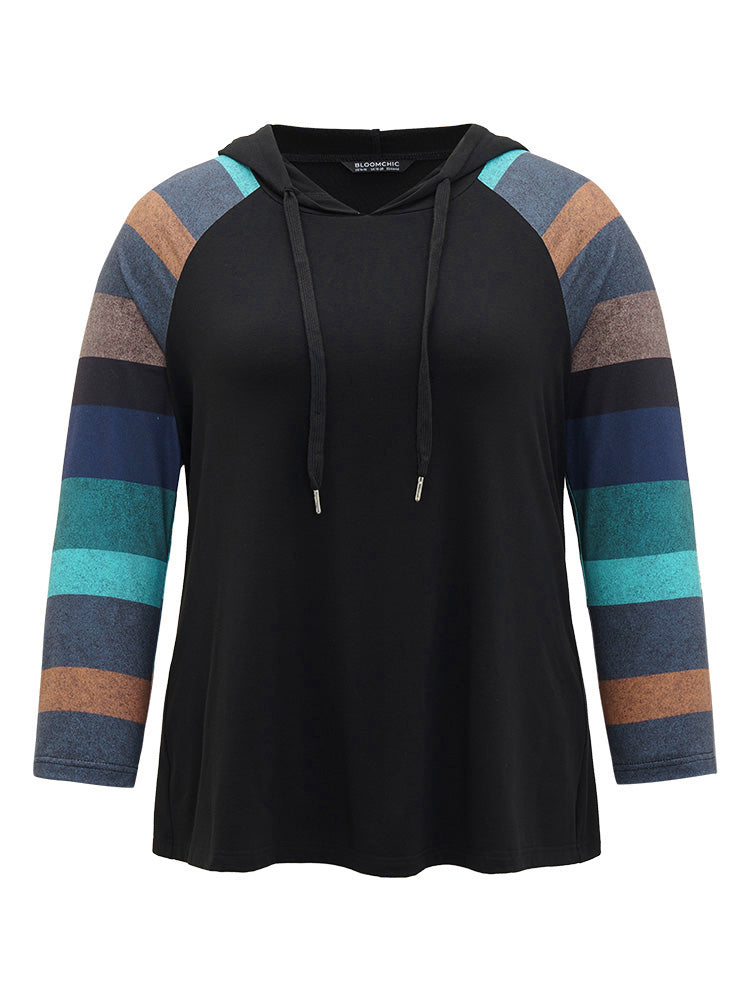 Striped Patchwork Contrast Hooded Raglan Sleeve T-shirt-Sweetccc