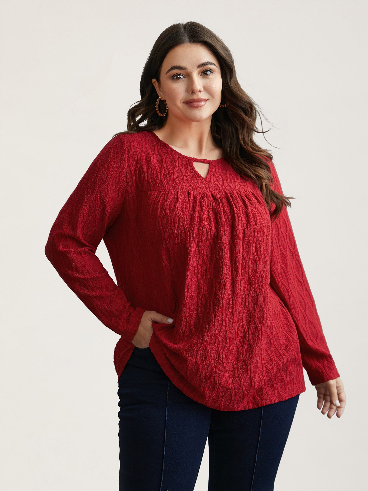 Textured Keyhole Gathered Knit Top-Sweetccc