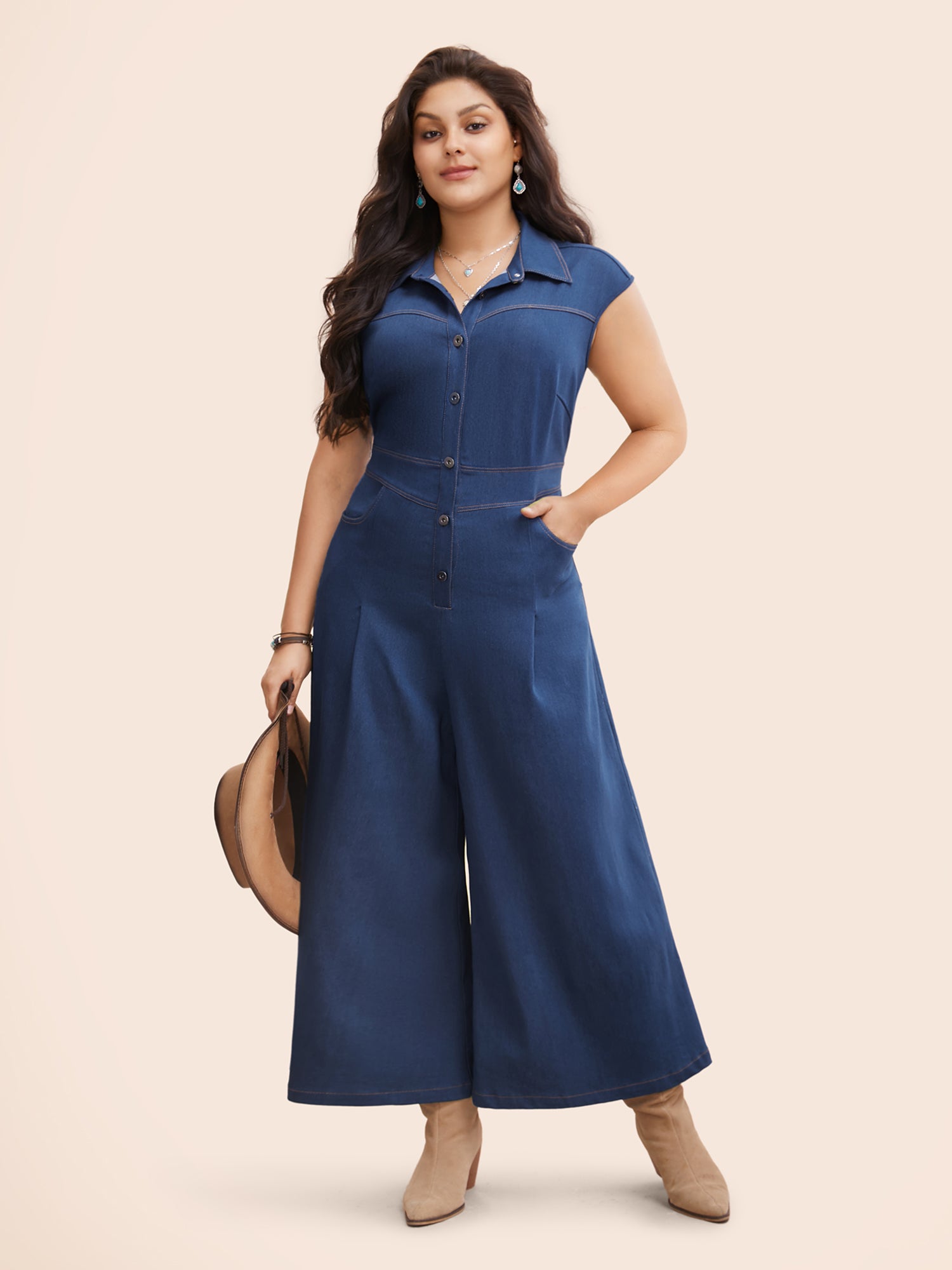 Stretch Denim Seamed Flare Jumpsuit-Sweetccc
