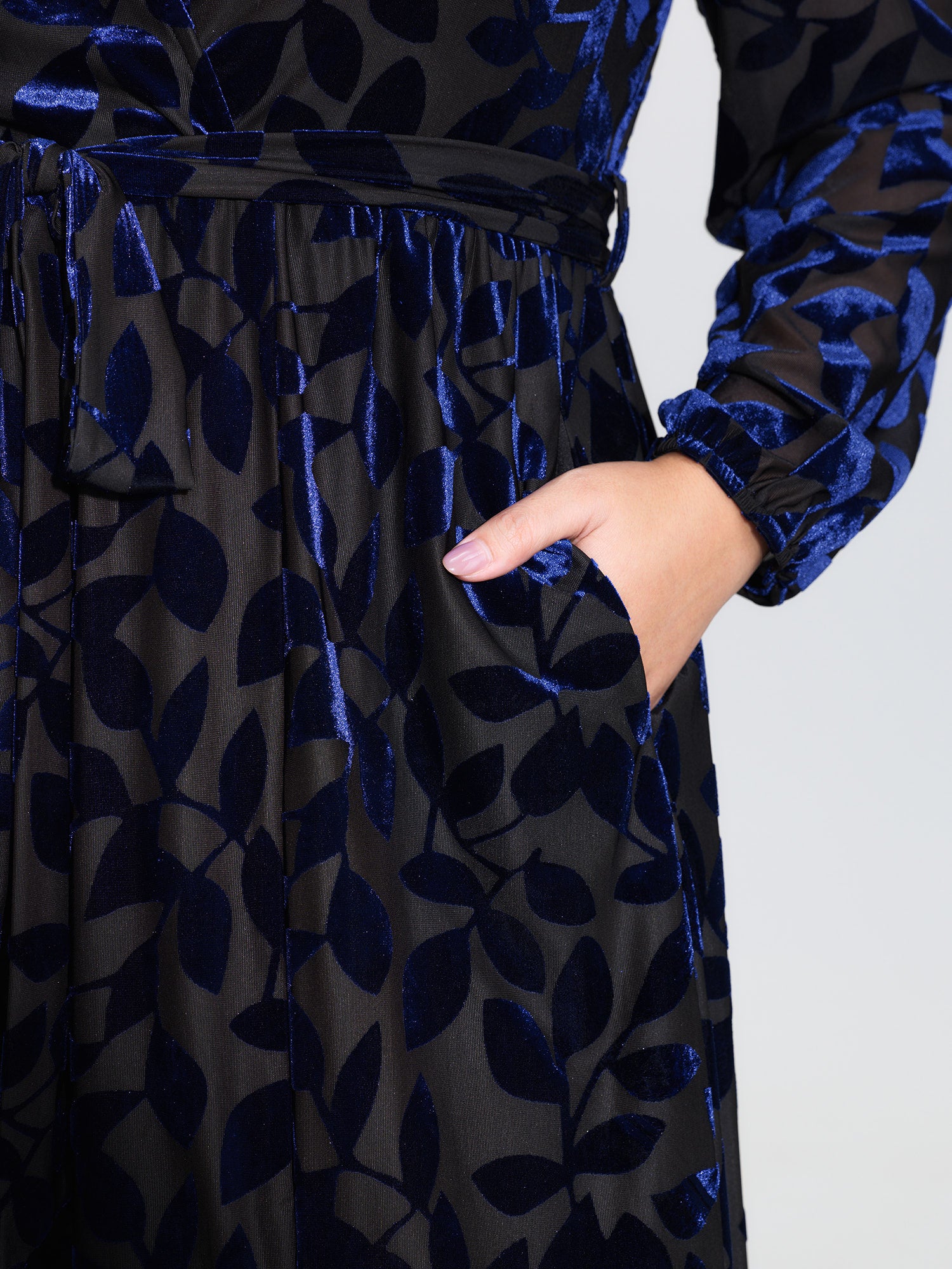 Velvet Laser Cut Faux Wrap Midi Dress-Sweetccc