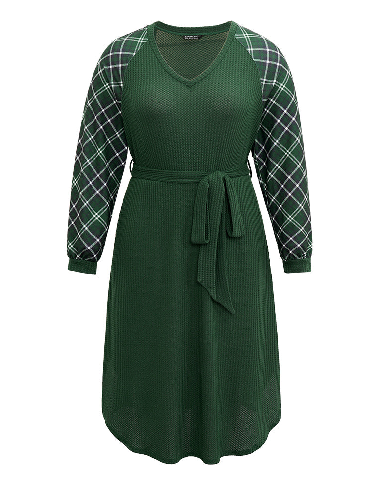 Waffle Knit Plaid Patchwork Belted Dress-Sweetccc