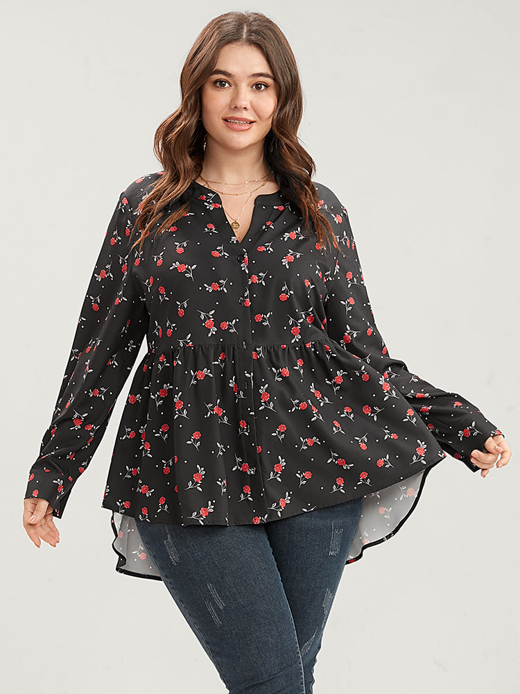 Floral Print Button Up High Low Hem Blouse-Sweetccc