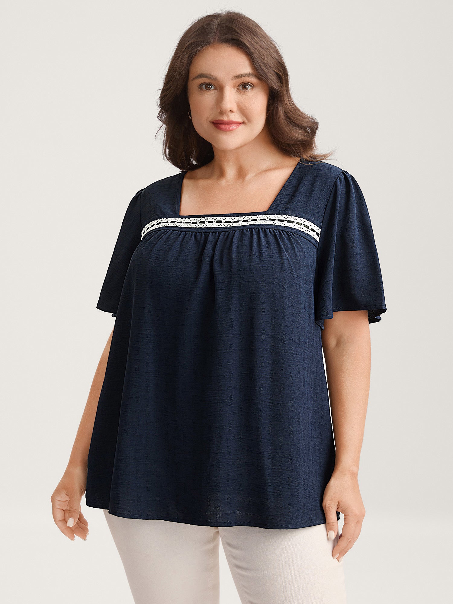 Square Neck Lace Pleated Blouse-Sweetccc