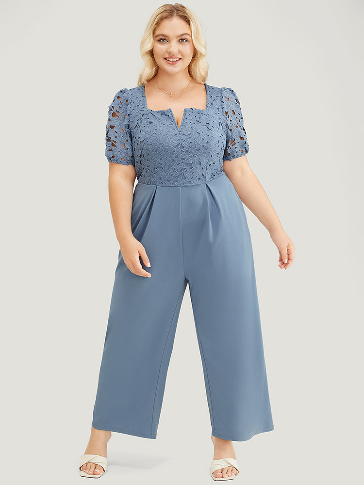 Solid Lace Notched Square Neck Pocket Pleated Jumpsuit-Sweetccc