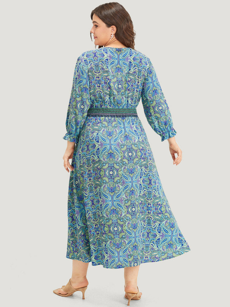 Paisley Print Shirred Flutter Trim Dress-Sweetccc
