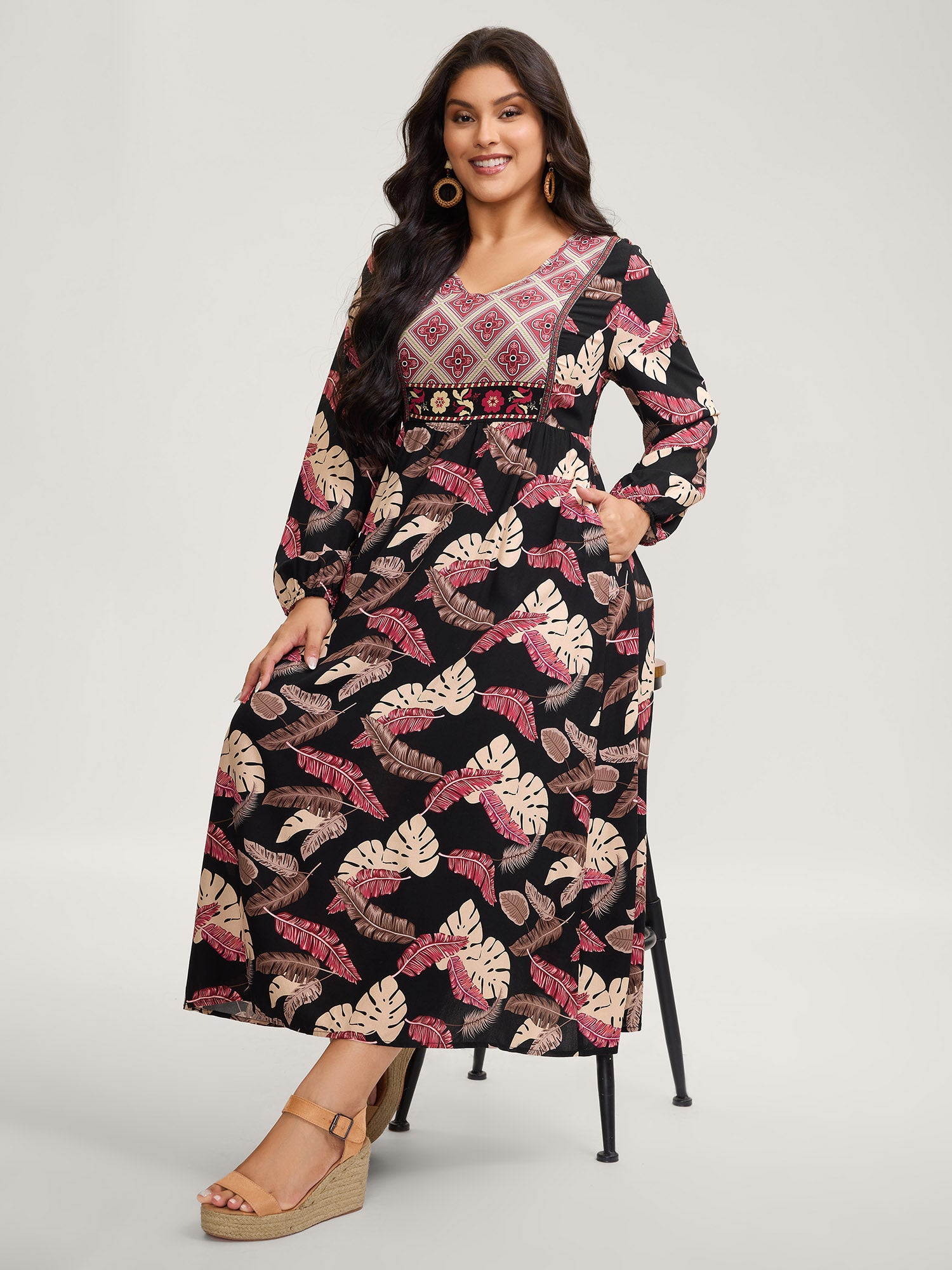 Maple Leaf Print Contrast Neck Maxi Dress-Sweetccc