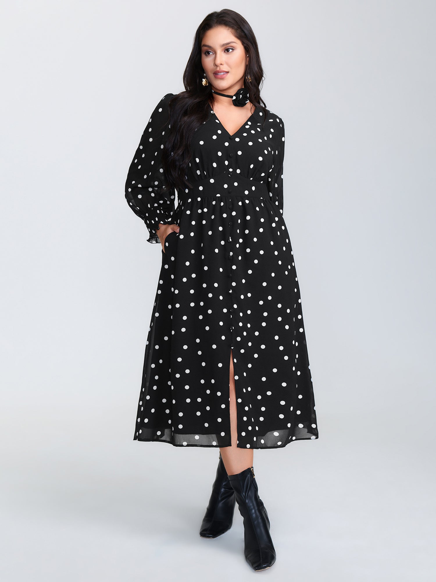 Vintage Polka Dots Puffy Sleeve Midi Dress-Sweetccc