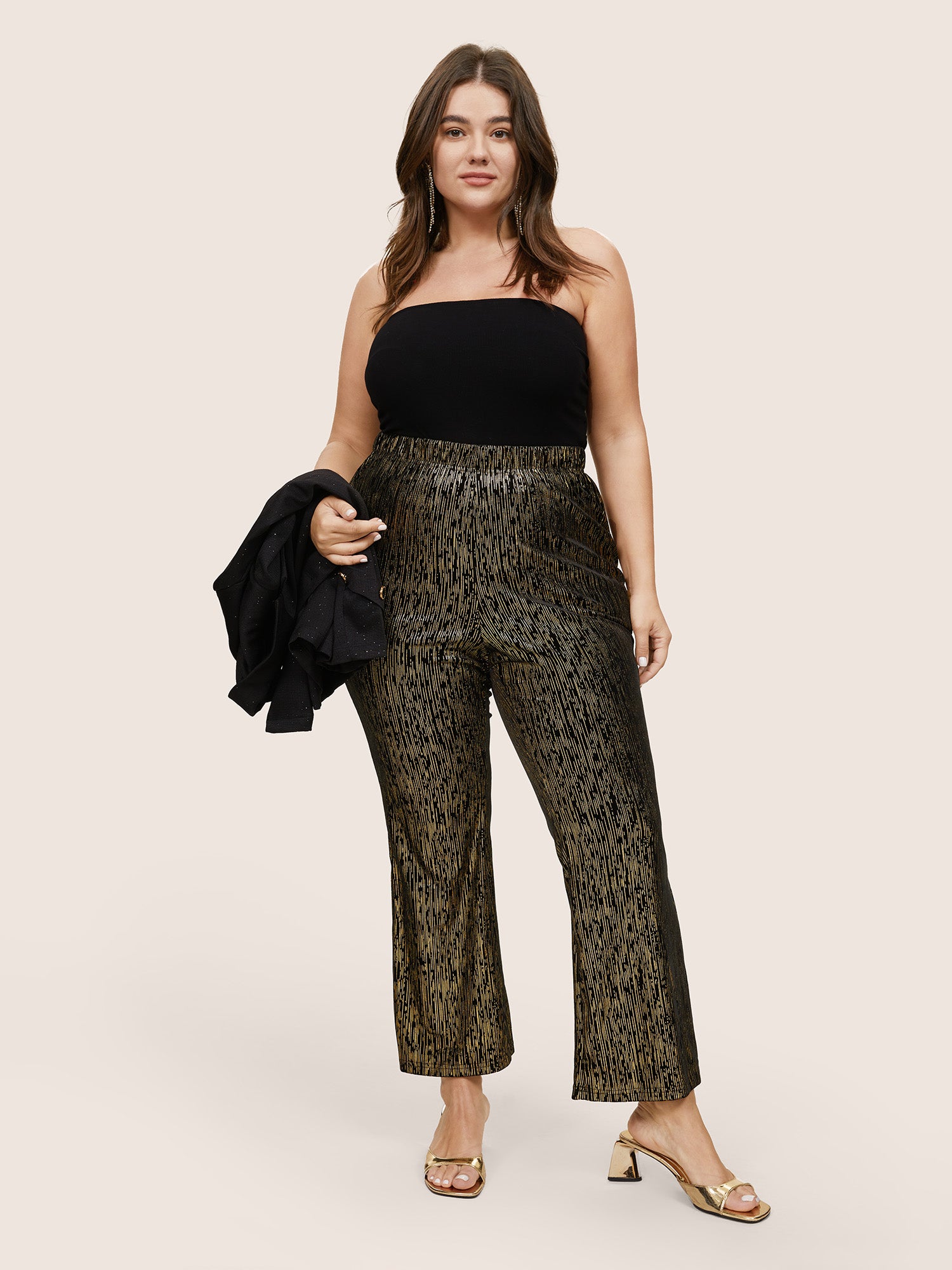 Velvet Striped Elastic Waist Flare Leg Pants-Sweetccc