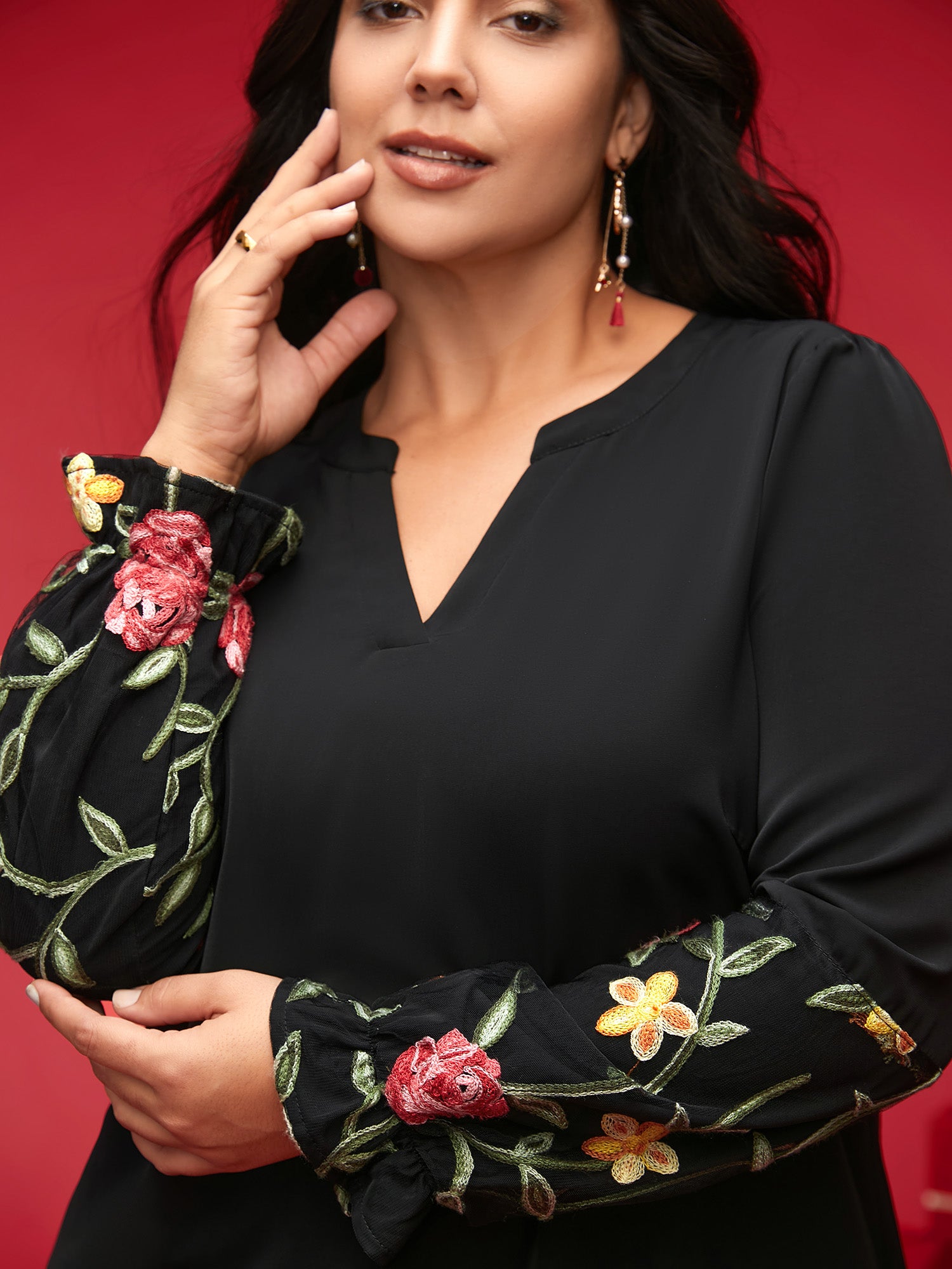 Mesh Floral Embroidered Sleeve Blouse-Sweetccc