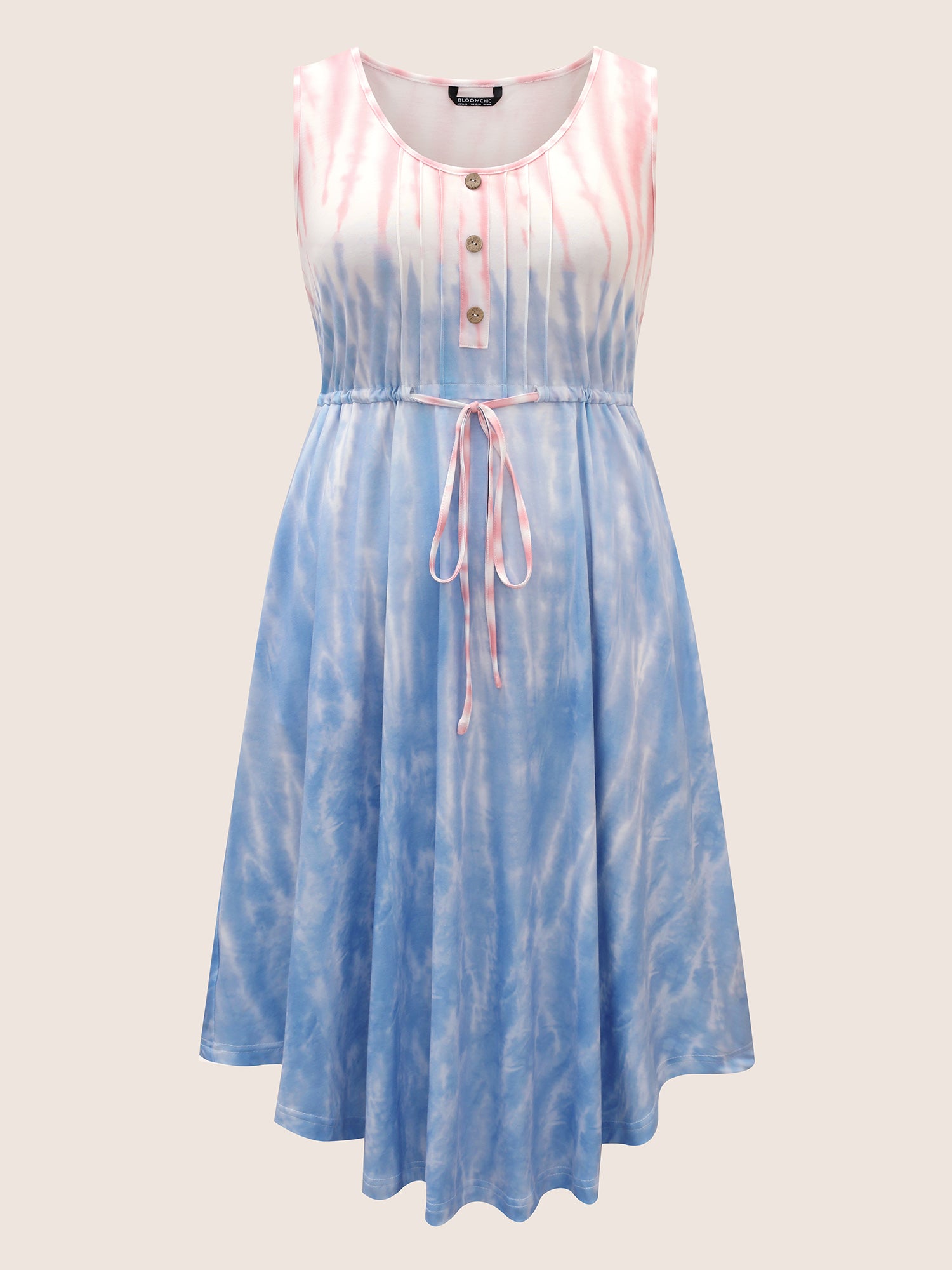 Tie Dye Round Neck Drawstring Pleated Dress-Sweetccc