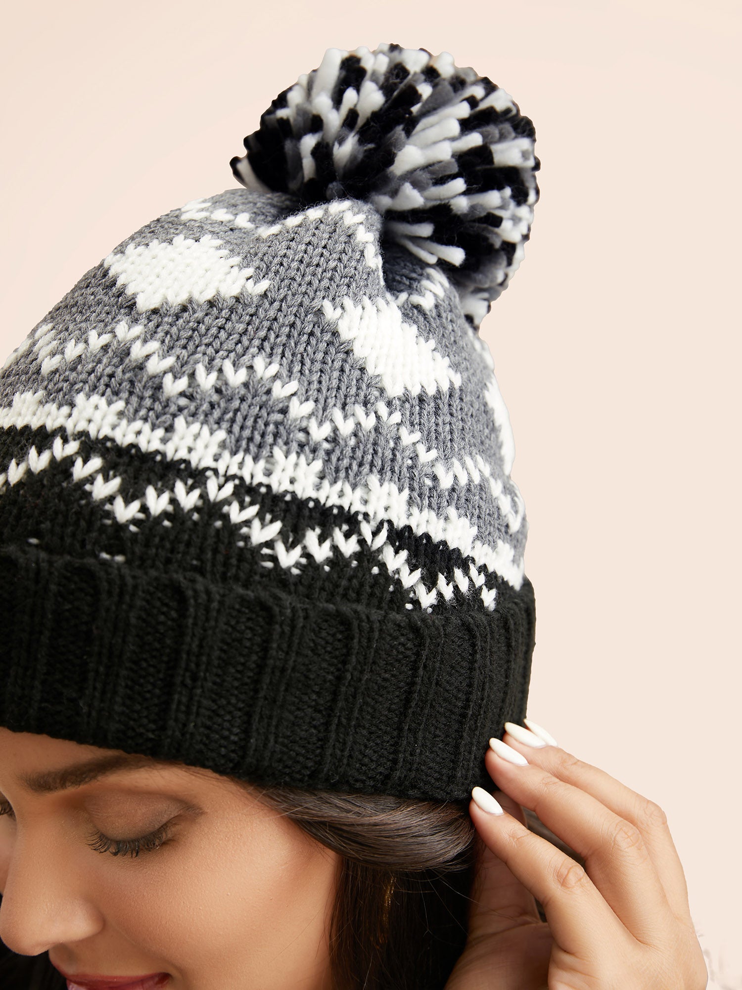 Geometric Jacquard Fluffy Ball Hat-Sweetccc