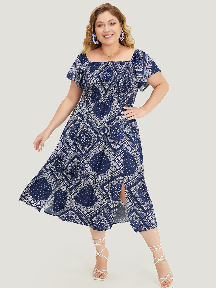 Paisley & Moroccan Print Pocket Shirred Square Neck Split Dress-Sweetccc