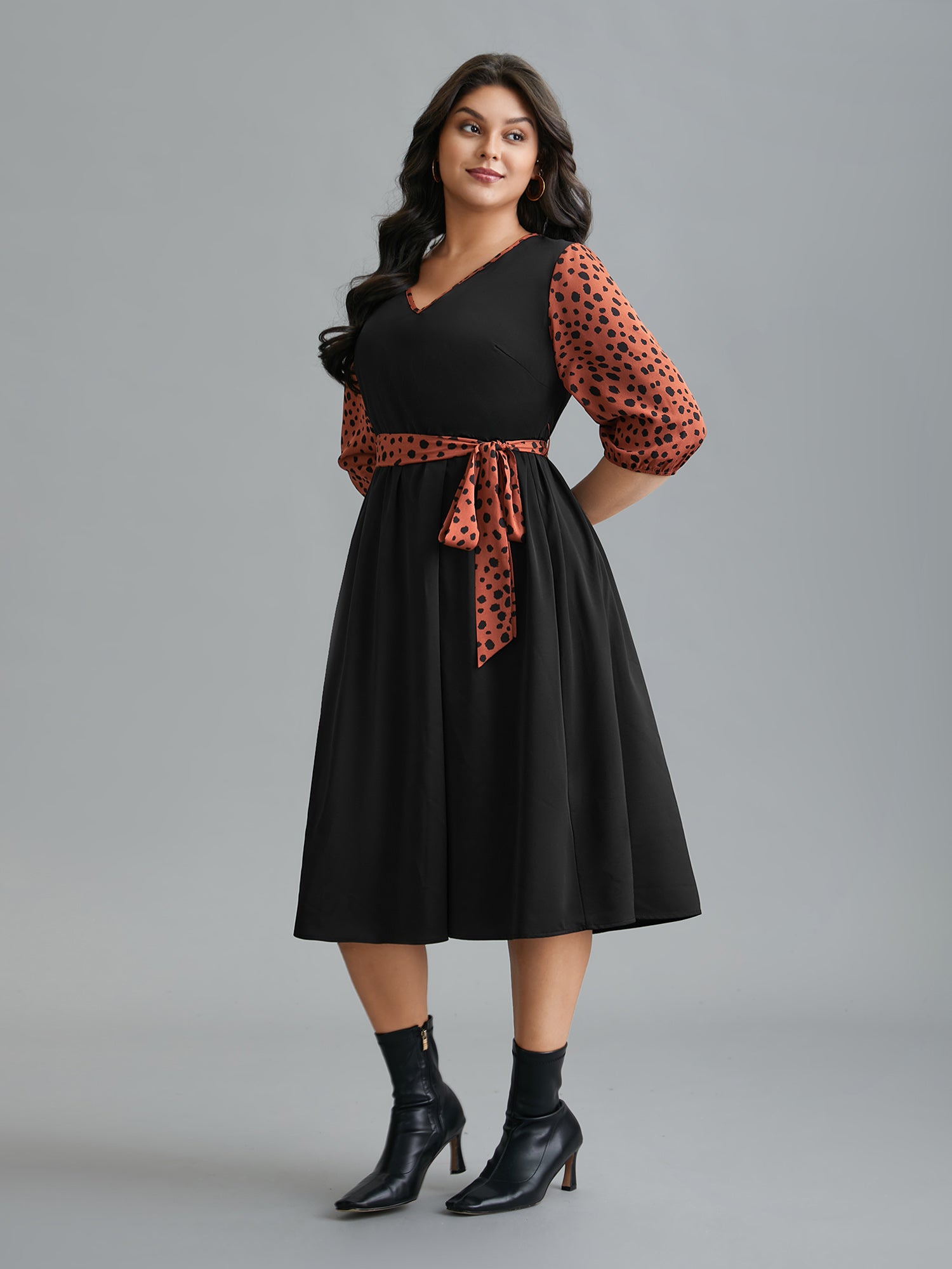V Neck Polka Dot Color contrast Dress-Sweetccc