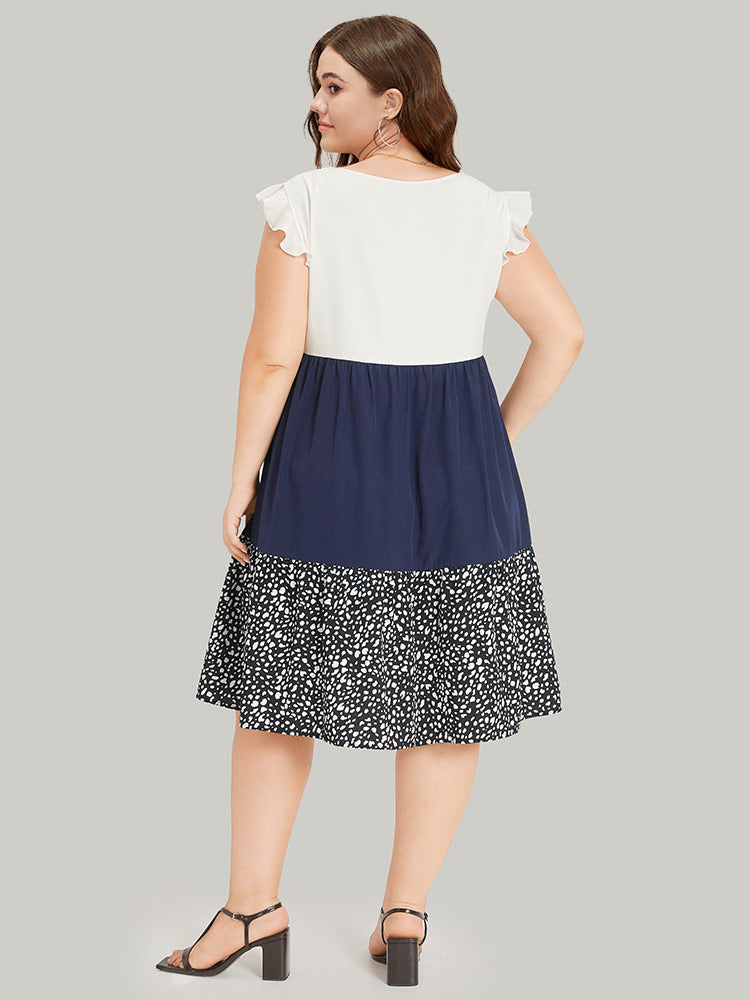 Leopard Print Patchwork Ruffle Cap Sleeve Keyhole Dress-Sweetccc