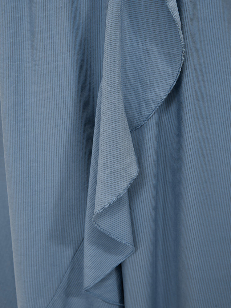 Solid Keyhole Round Neck Pocket Ruffle Trim Rib Knit Dress-Sweetccc