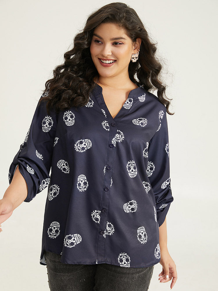 Halloween Skull Print Notched Tab Sleeve Blouse-Sweetccc