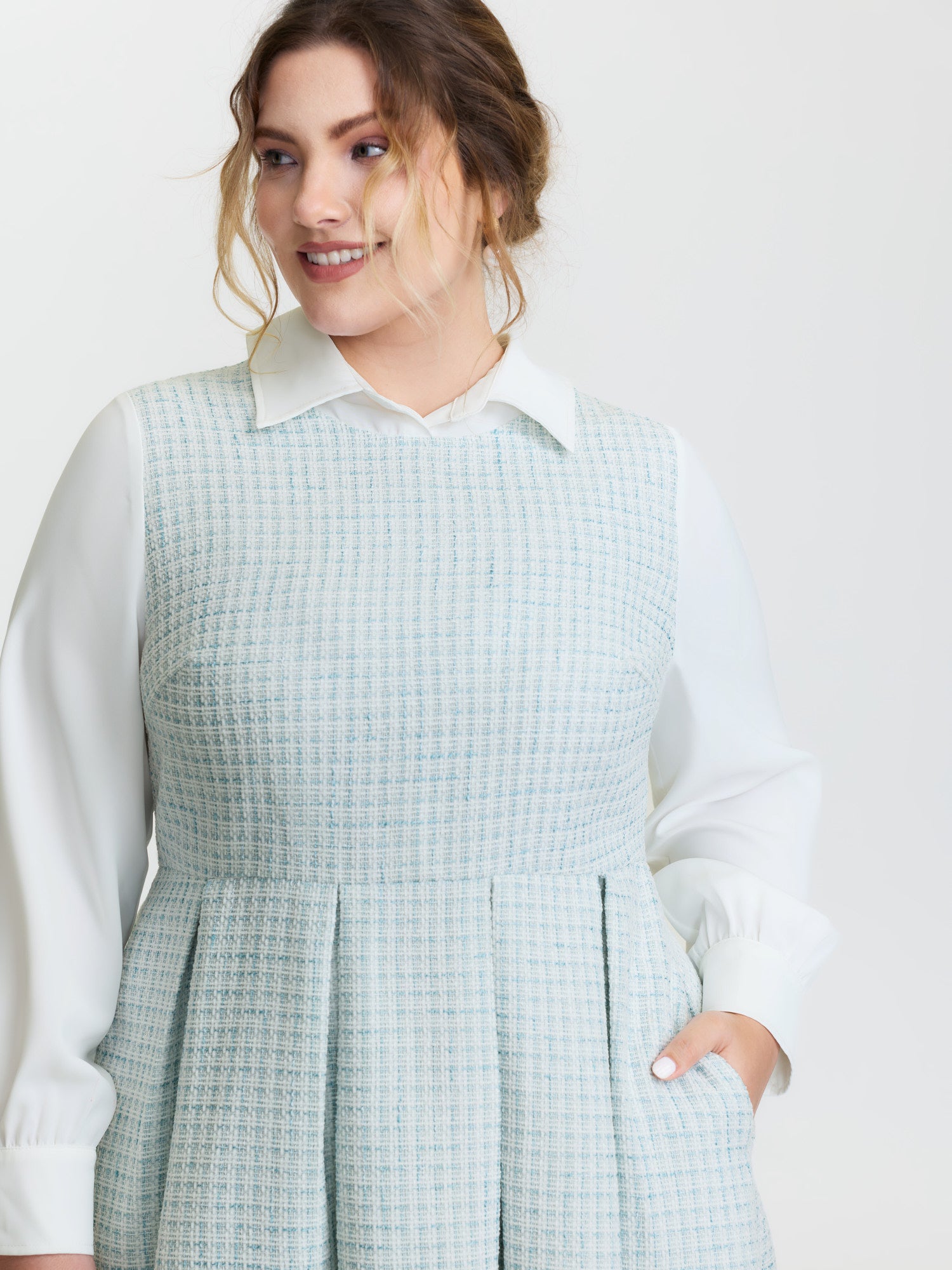 Tweed Colorblock Pleated Midi Dress-Sweetccc