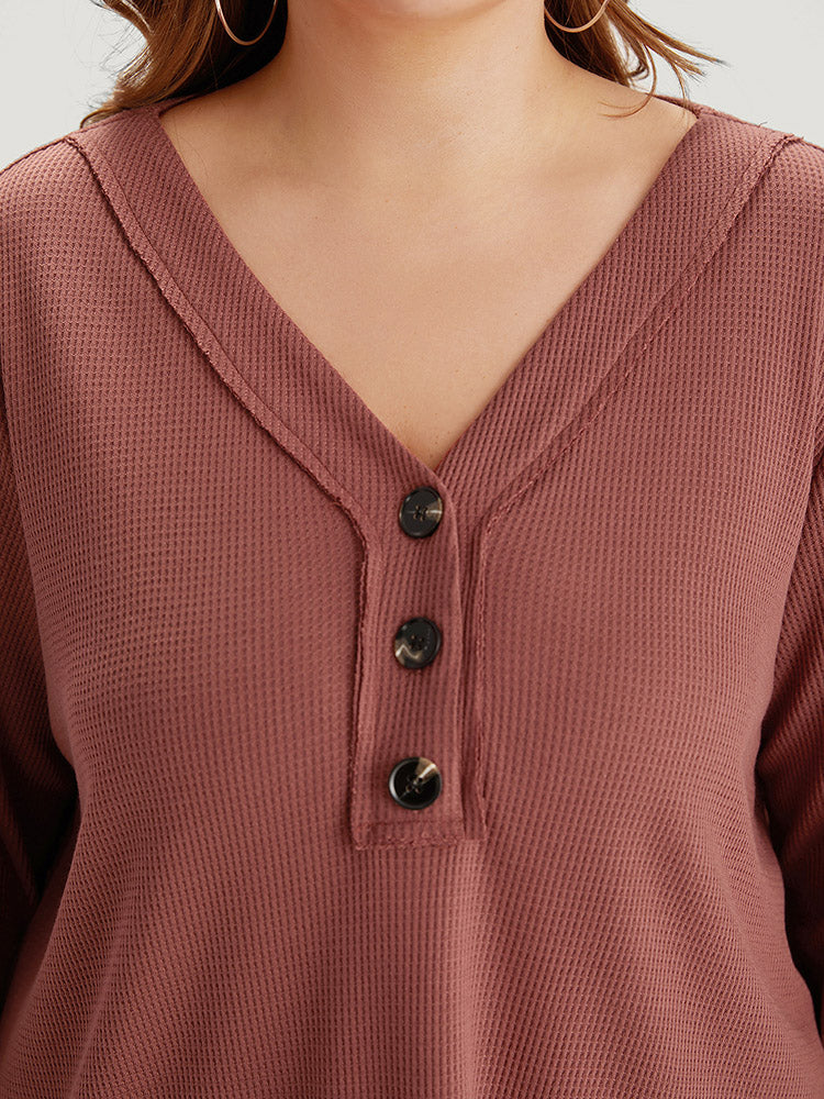 Solid Waffle Knit V Neck Button Up Woven Top-Sweetccc