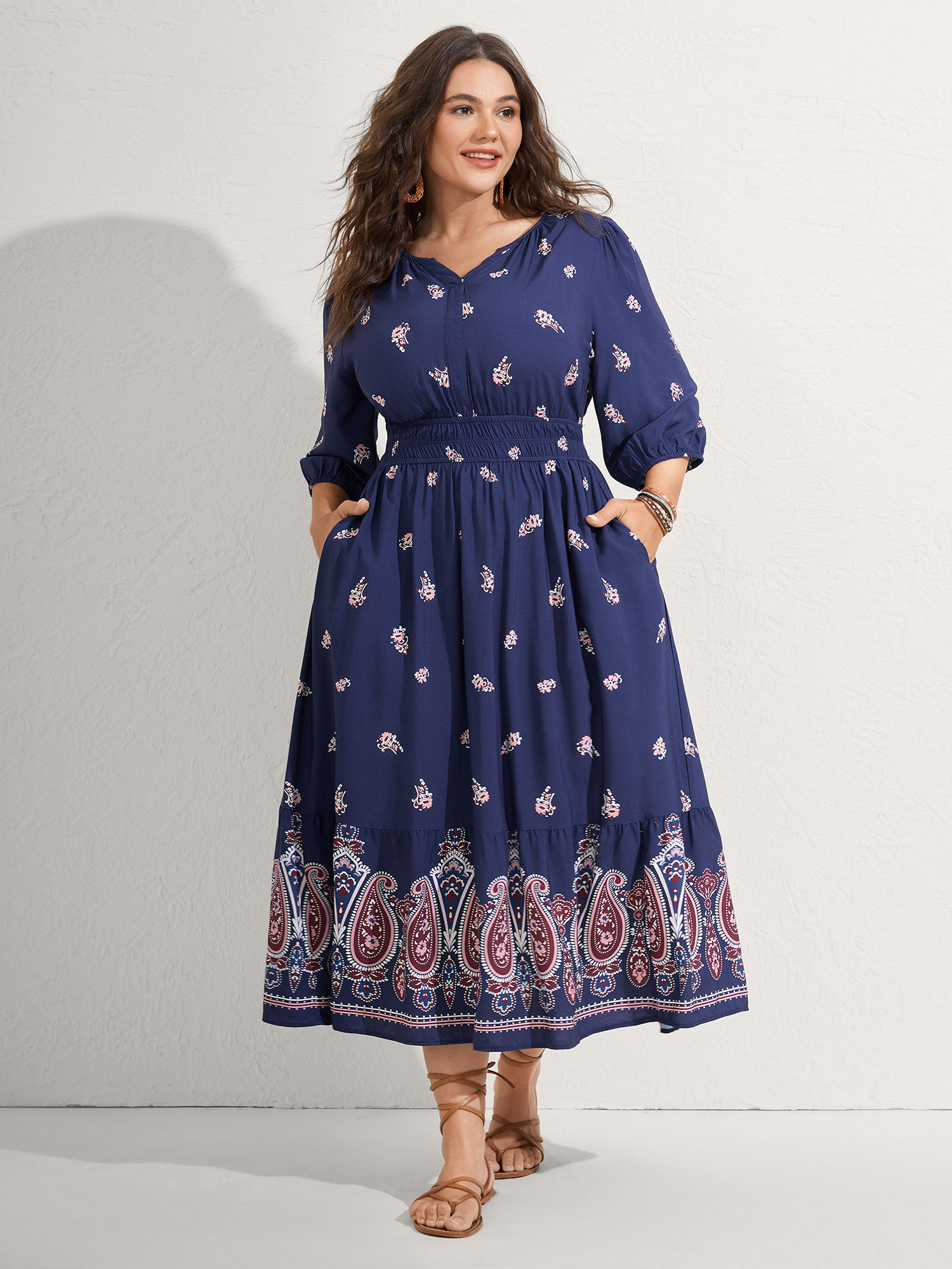 Paisley Print Shirred Waist Midi Dress-Sweetccc
