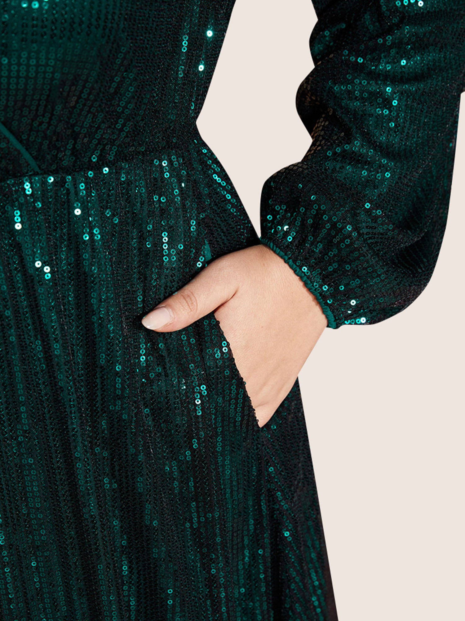 Solid Pocket Lantern Sleeve Wrap Sequin Dress-Sweetccc
