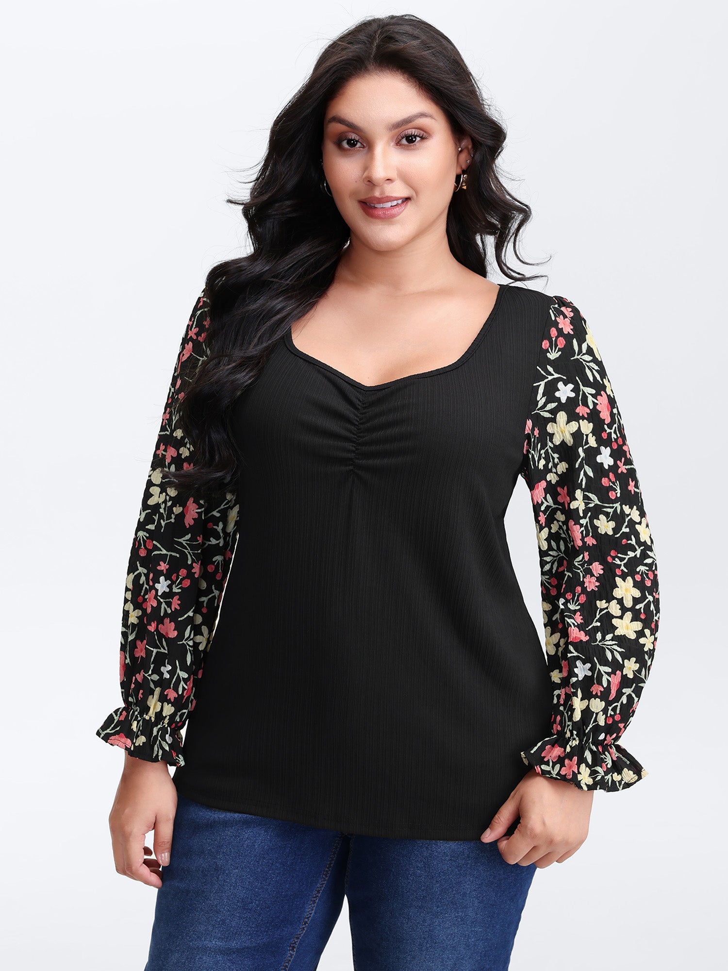 Textured Spliced Floral Sleeves Top-Sweetccc