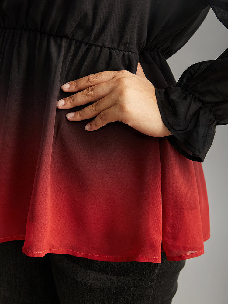 Ombre Contrast Frill Trim Ruffle Hem Blouse-Sweetccc