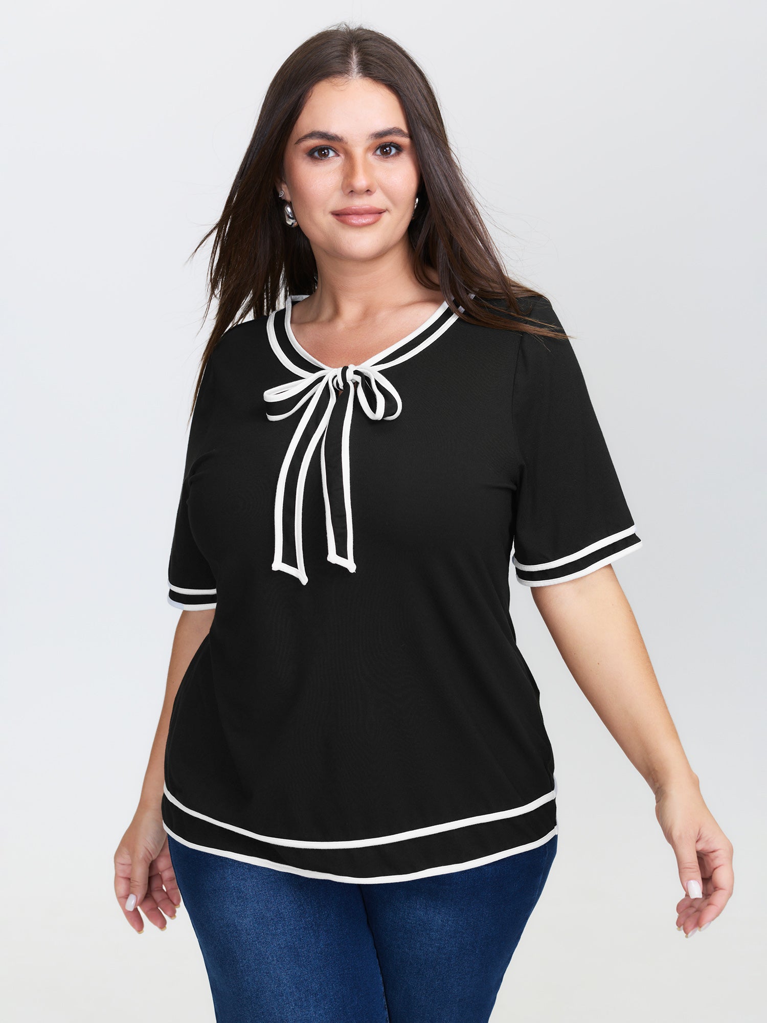 Supersoft Sailor Neck-Tie Contrast Knit Top-Sweetccc