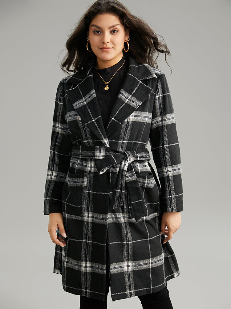 Lapel Collar Plaid Belted Contrast Coat-Sweetccc