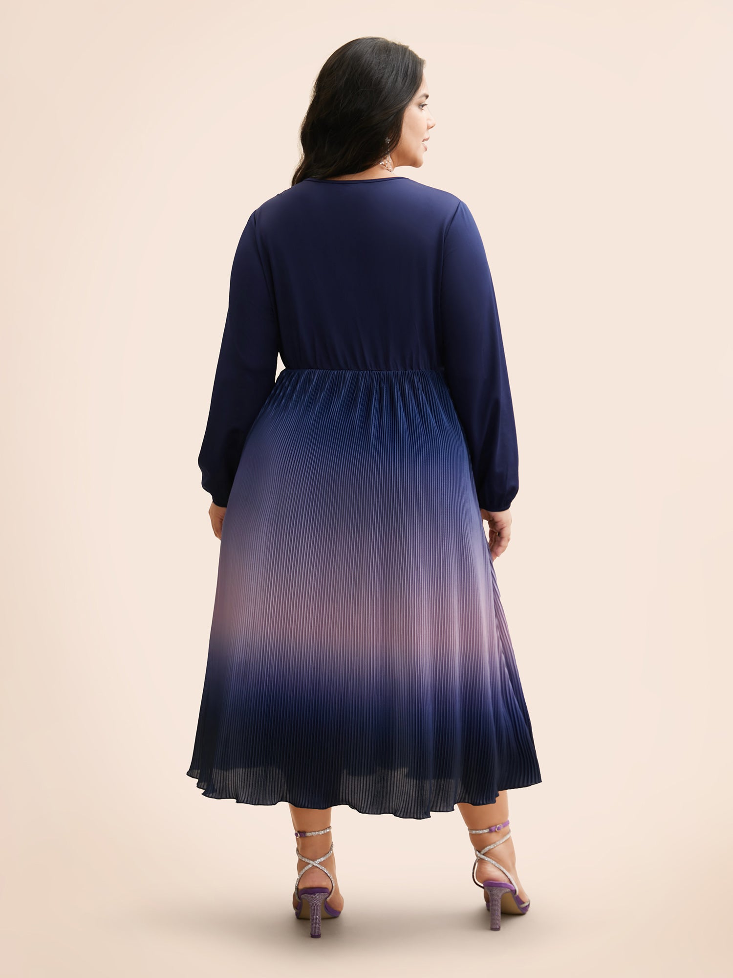 Overlap Collar Ombre Patchwork Pleated Dress-Sweetccc
