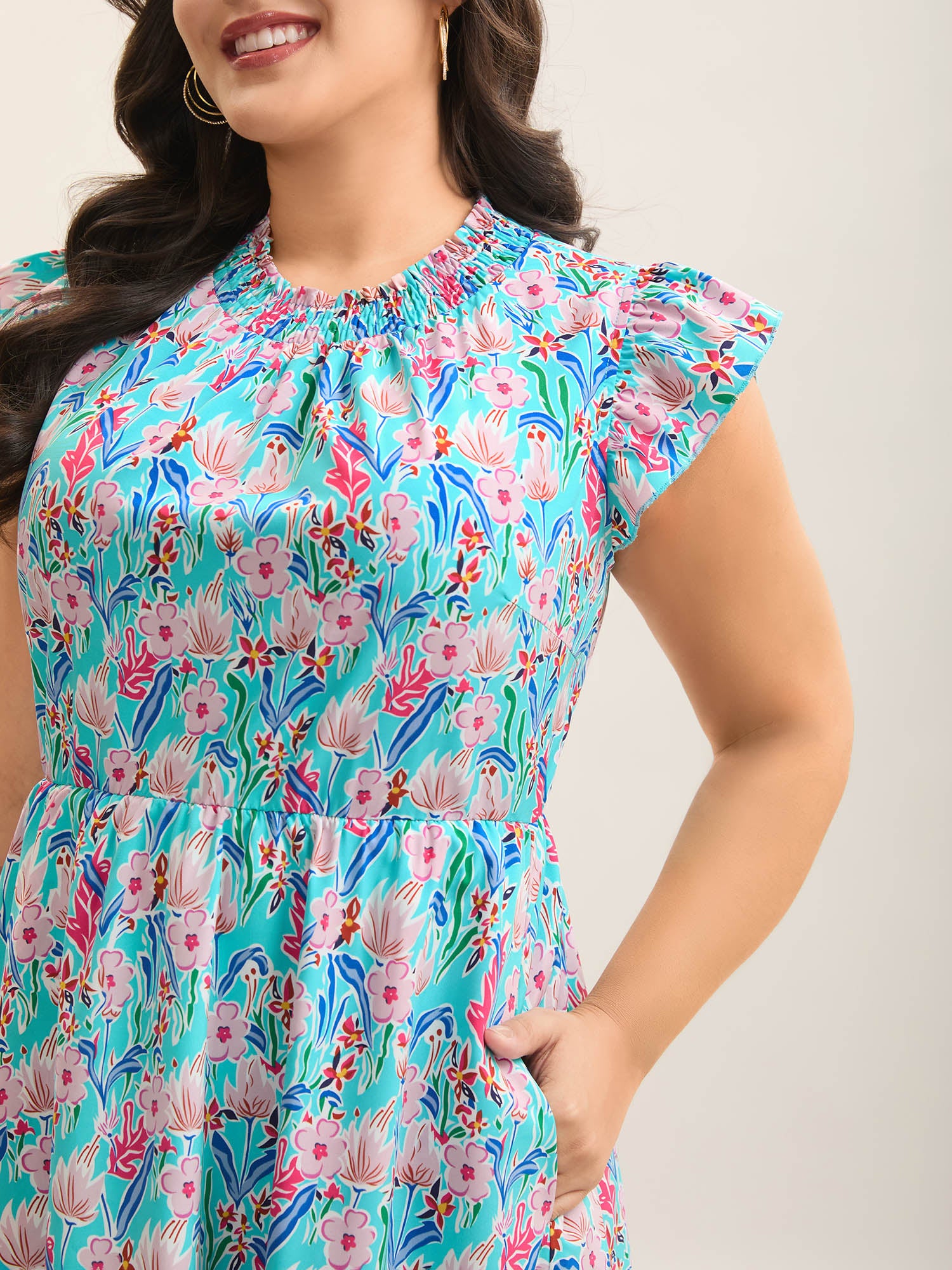 Floral Print Shirred Pockets Midi Dress-Sweetccc