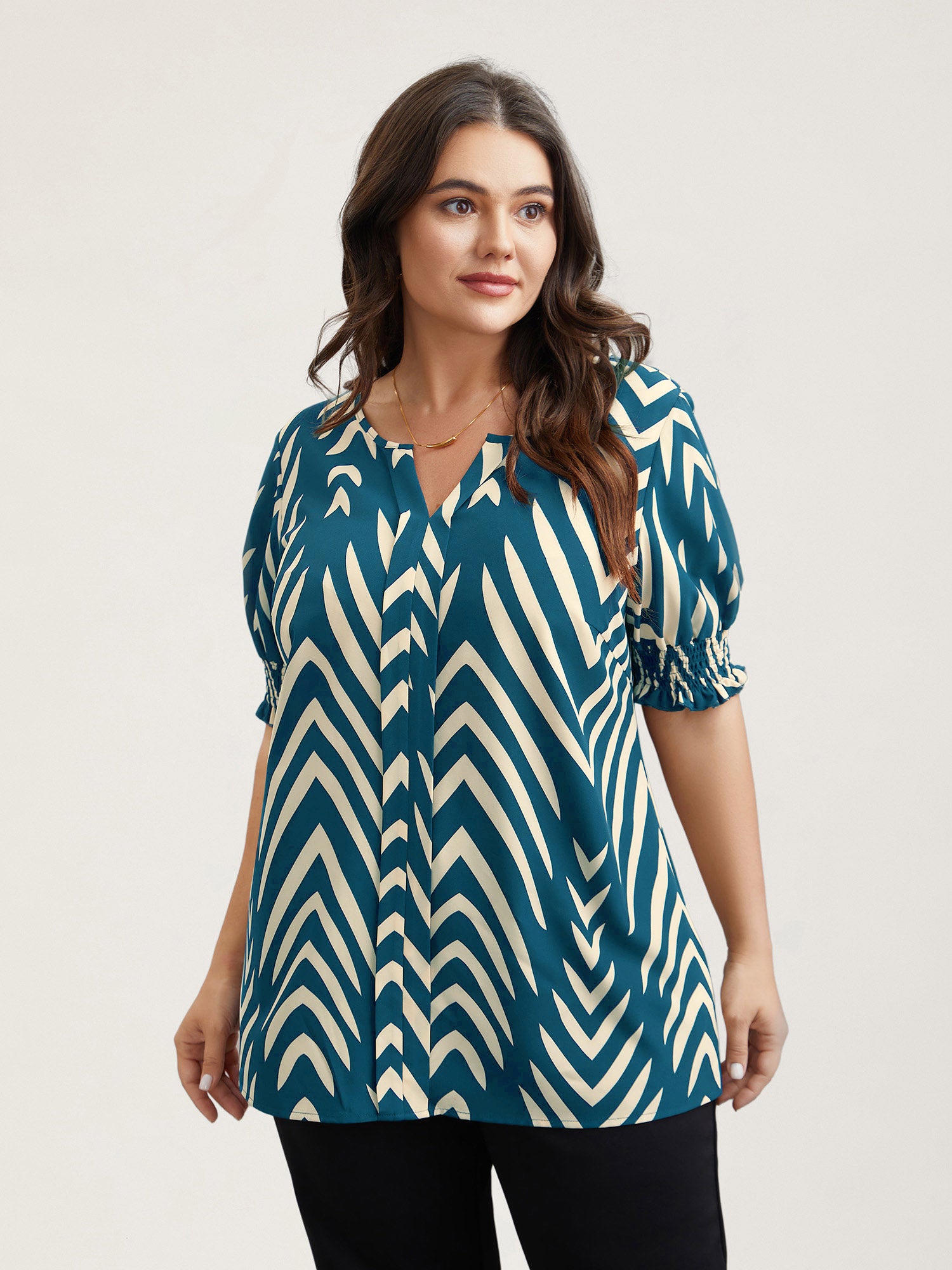 Geometric Print Ruffled Shirred Shirt-Sweetccc